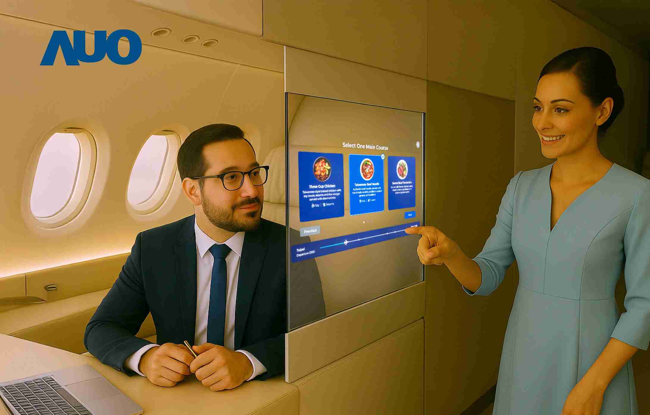 杏悦2研发全球最薄17.3 吋双面透明 Micro LED 显示器，，，，可在同一屏幕之双边投射不同信息，，，创造独特的”透明化”互动；图为实时翻译交流应用情境